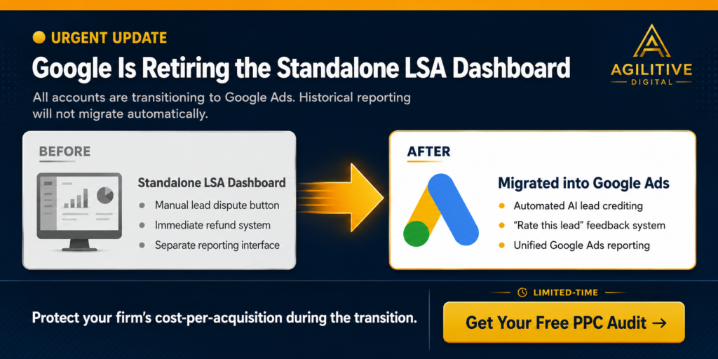 infographic explaining google is retiring the standalone lsa dashboard and migrating it to google ads