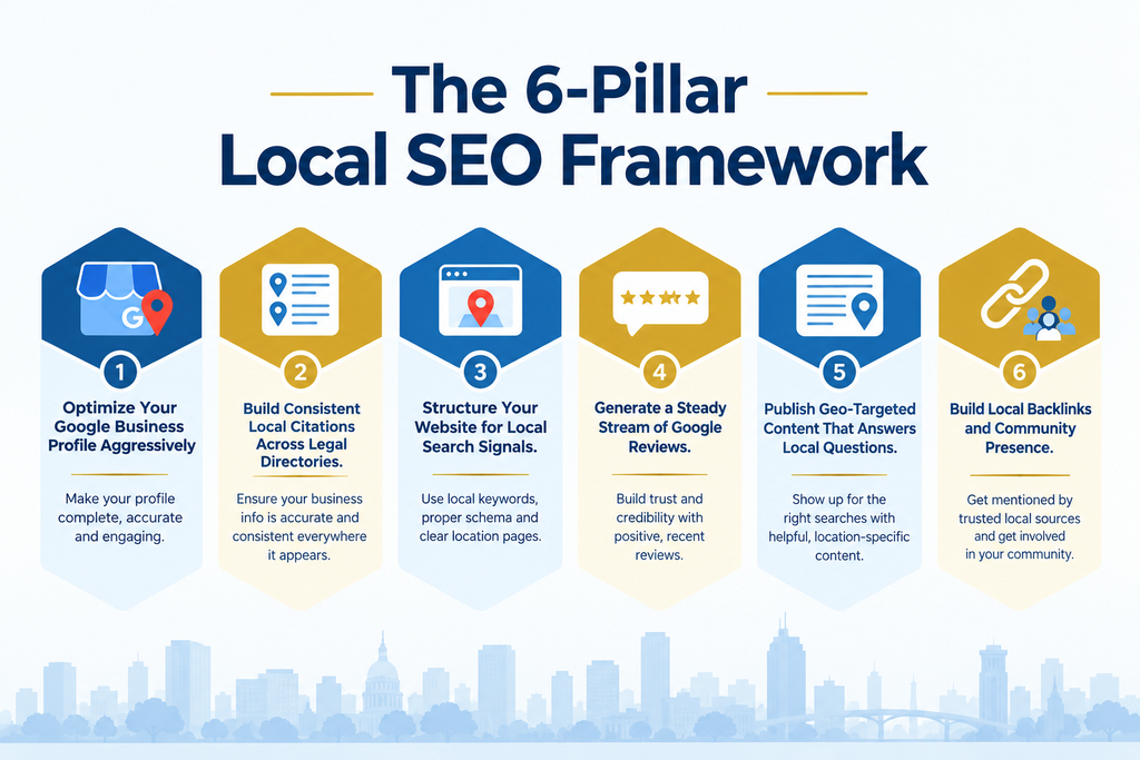 diagram outlining the 6-pillar local seo framework for law firm marketing