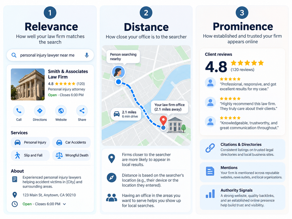 google local ranking factors for law firms showing relevance, distance, and prominence 