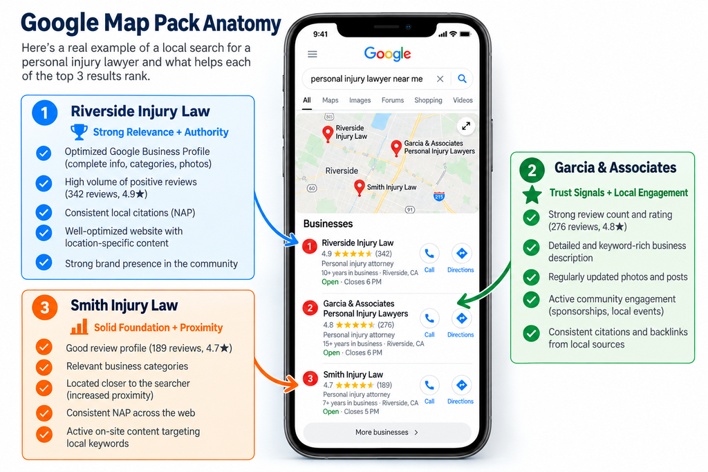 google map pack anatomy showing local seo ranking factors for law firms