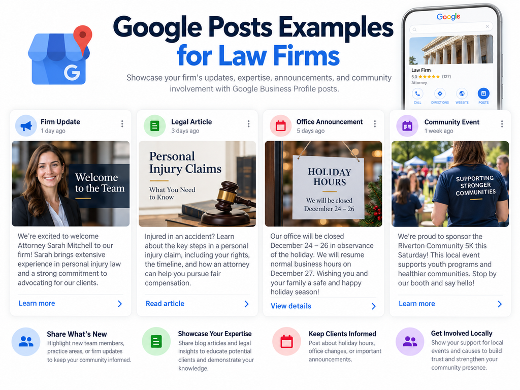 google posts examples for law firms showing firm updates, legal articles, office announcements, and community events
