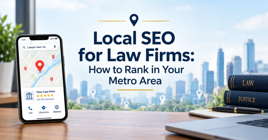 featured banner titled local seo for law firms showing a smartphone map search in a metro office setting