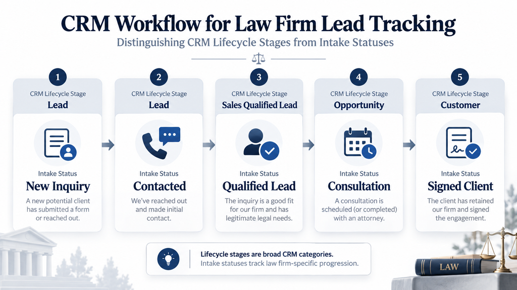 hubspot law firm intake pipeline showing lead qualification, consultation, and signed client stages
