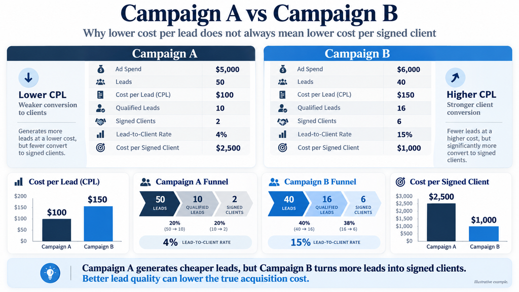 comparison of law firm google ads cost per lead and cost per signed client across two illustrative campaigns
